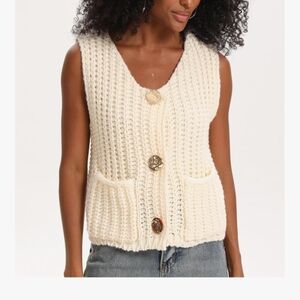 Brand New Cream V-Neck Knit Button Down Chunky Sweater Vest